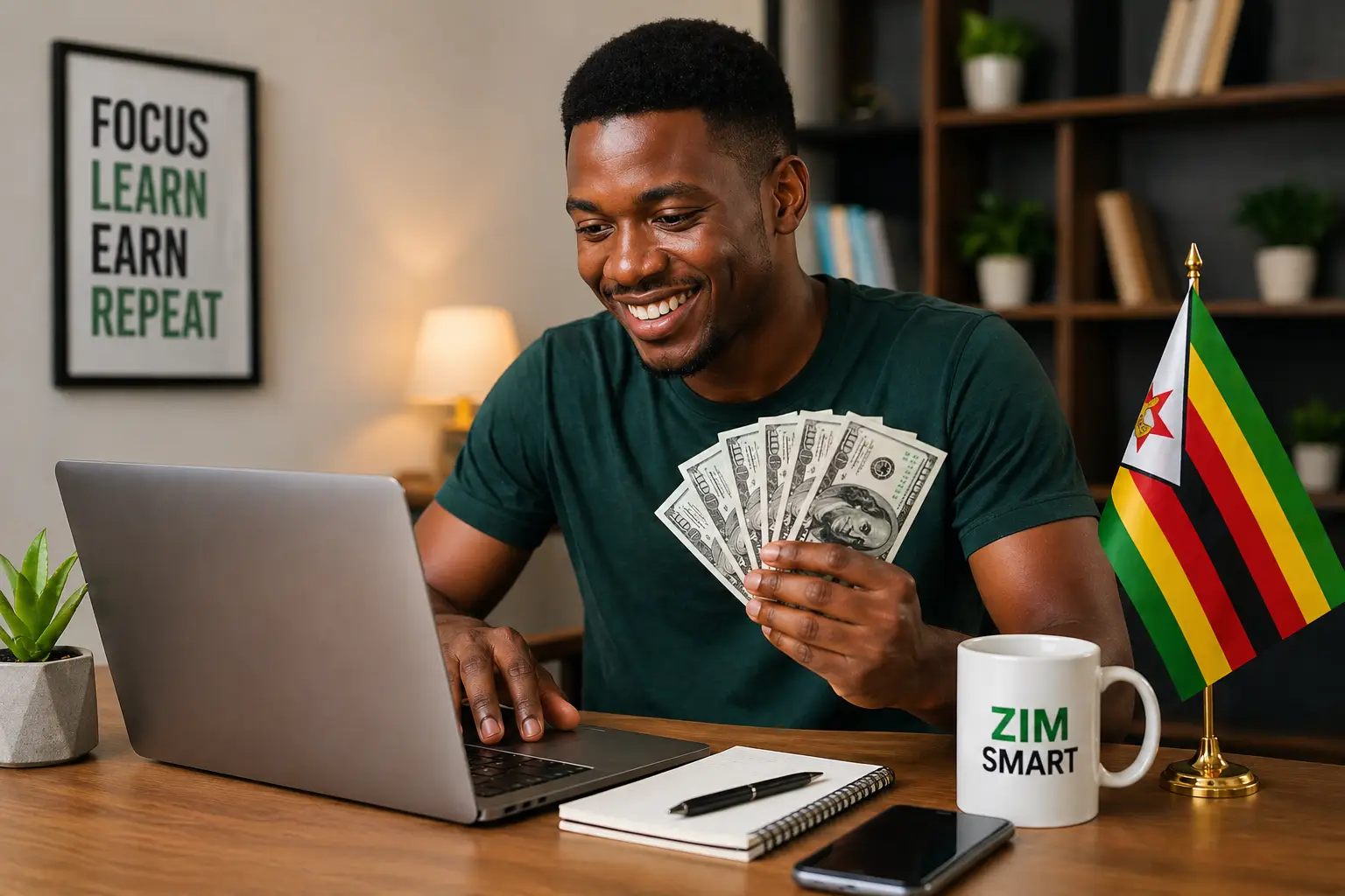 Zimbabwean freelancer earning USD online from home using a laptop and smartphone