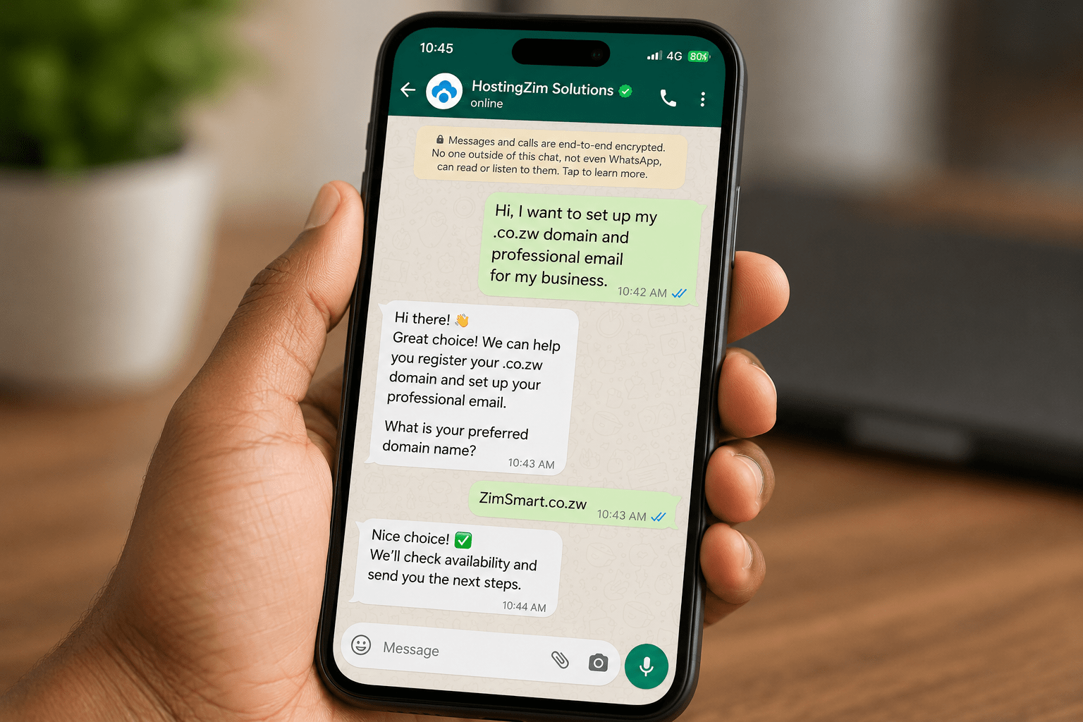 Phone showing WhatsApp message asking to set up a .co.zw domain and professional email
