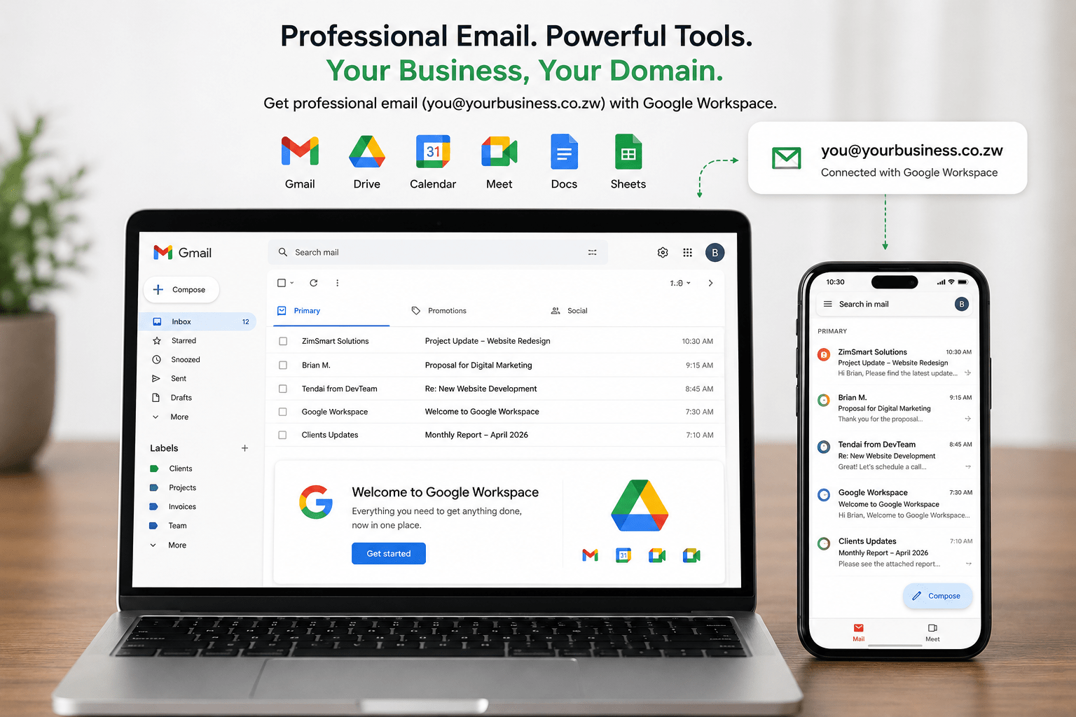 Laptop and phone showing Gmail and Google Workspace connected to a professional business email